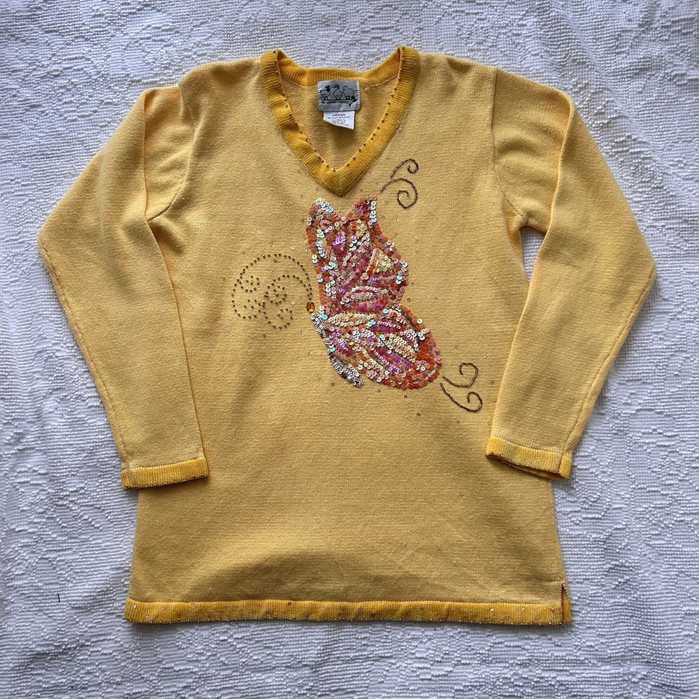 Quacker Factory Sweater Women Medium Yellow Butterfly Sequin V-Neck Whimsical